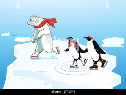 Inverno, orso, orso polare, polo nord, artiche, ghiaccio, penguin, nevicata, gag, Illustrazione Vettoriale