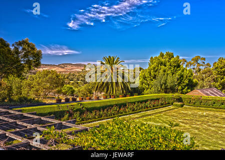 Guardando fuori attraverso gli splendidi giardini di Chateau Tanunda nella Barossa Valley, Sud Australia Foto Stock