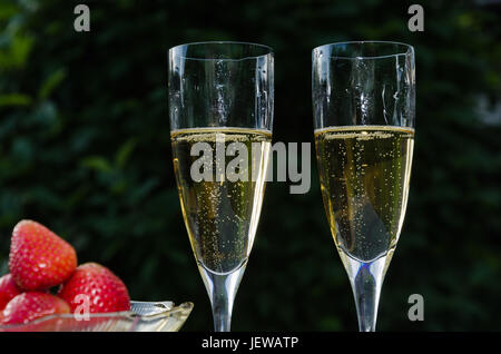 Due bicchieri di vino spumante e una ciotola sfocate con fragole in un verde scuro dello sfondo all'aperto Foto Stock