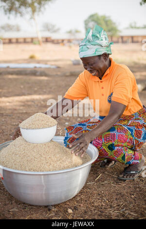 Una donna processi cooperativi e parboils riso come una produzione di reddito attività nella regione Upper-East, Ghana. Foto Stock