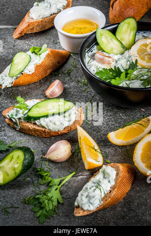 Tradizionale e caucasici cibo greco. Salsa tzatziki con ingredienti - cetriolo, limone, prezzemolo, aneto, aglio. Al buio su un tavolo di pietra. Con panini Foto Stock