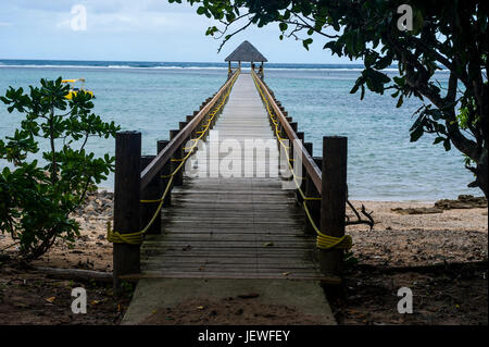 Lungo il molo in legno, il litorale di corallo, Viti Levu, Figi e Sud Pacifico Foto Stock