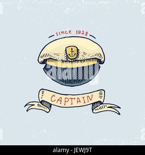 Set di incisi vintage, disegnati a mano, vecchio, etichette o badge per i capitani cap. Marine e nautiche o mare oceano, emblemi. sempre a casa. Illustrazione Vettoriale