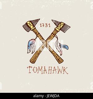 Set di incisi vintage, disegnati a mano, vecchio, etichette o badge per indiano o nativi americani. assi e tomahawk. Illustrazione Vettoriale