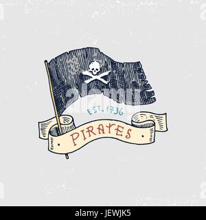 Set di inciso, disegnati a mano, vecchio, etichette o badge per corsari, cranio a bandiera. Jolly Roger. Pirati e marine o nautici Mare, emblema dell'oceano. Illustrazione Vettoriale