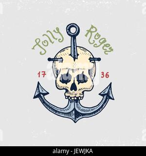 Set di inciso, disegnati a mano, vecchio, etichette o badge per corsari, teschio ad ancoraggio. Jolly Roger. Pirati e marine o nautici Mare, emblema dell'oceano. Illustrazione Vettoriale