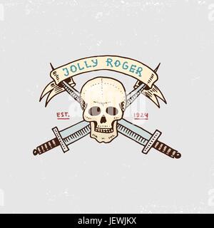 Set di inciso, disegnati a mano, vecchio, etichette o badge per corsari, cranio. Jolly Roger. Pirati e marine o nautici Mare, emblema dell'oceano. Illustrazione Vettoriale