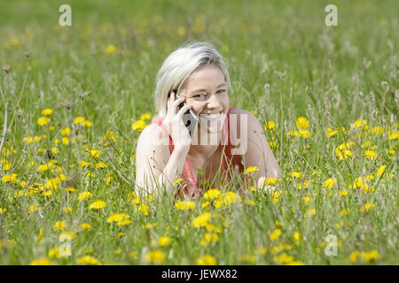 Donna con lo smartphone sul prato di fiori Foto Stock