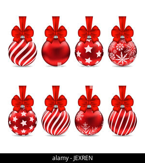 Illustrazione Di Natale Set rosso sfere vetroso con archetti e texture differenti, isolati su sfondo bianco - Foto Stock