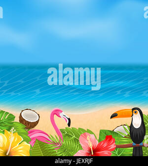 Illustrazione sfondo esotico con Toucan, Fenicottero rosa, fiori tropicali, foglie di palma, Hibiscus, noce di cocco, Spiaggia, mare - Foto Stock