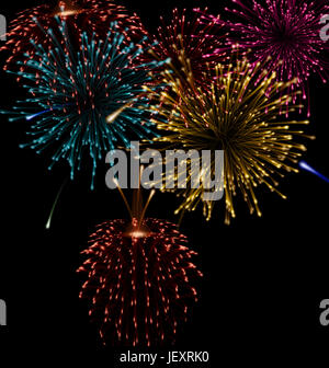 Abstract festosi fuochi d' artificio che esplodevano in varie forme scintillante Imposta sfondo nero - Foto Stock