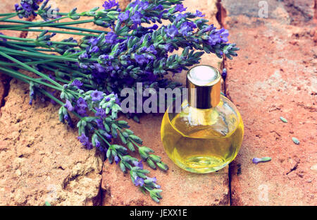 Essenziale di olio di lavanda con fiori freschi sul background mattoni .look vintage Foto Stock