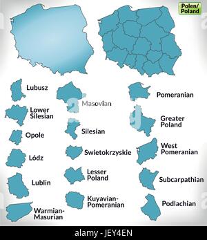 Mappa di confine della Polonia con bordi in blu Illustrazione Vettoriale