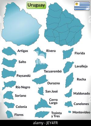 Mappa di confine di uruguay con bordi in blu Illustrazione Vettoriale