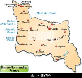 Mappa dell'isola della Bassa Normandia come una mappa panoramica in pastelorange Illustrazione Vettoriale