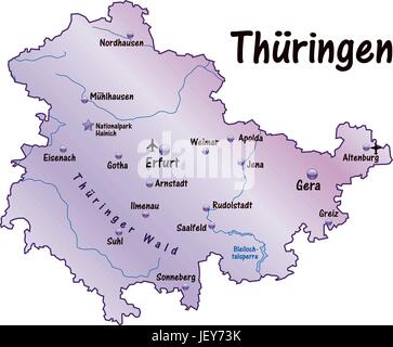 Mappa dell'isola di Turingia come una mappa panoramica in viola Illustrazione Vettoriale