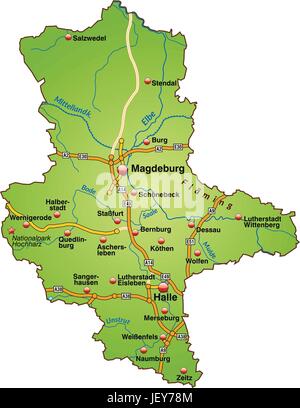 Mappa di SASSONIA-ANHALT con la rete di trasporto in verde Illustrazione Vettoriale