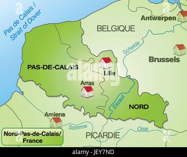 Mappa di Nord-Pas-de-Calais con limiti in verde su internet Illustrazione Vettoriale