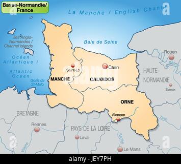 Mappa della Bassa Normandia con limiti in pastelorange Illustrazione Vettoriale