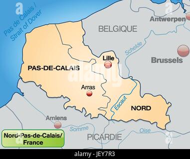 Mappa di Nord-Pas-de-Calais con limiti in pastelorange Illustrazione Vettoriale