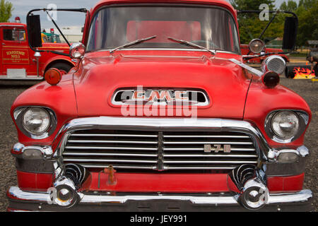 Antique camion dei pompieri, grande Oregon Steam-Up, antichi Powerland, Brooks, Oregon Foto Stock