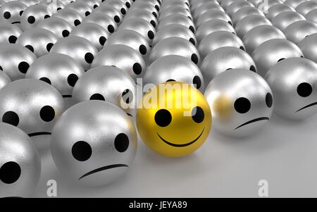 Sfera di colore giallo con la faccia felice fra tanti argento sfere di tristezza. Il rendering 3D. Foto Stock