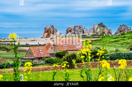 Francia, Bretagna, le Gouffre, comune Plougrescant nella Cotes-d'Armor dipartimento, Scenic, Rocky il paesaggio costiero, vista di Castel Meur (La Maison Foto Stock