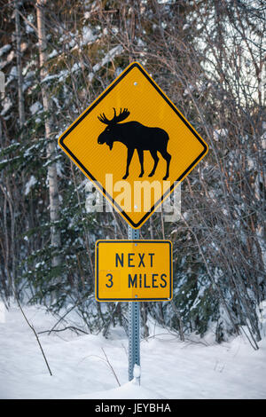 Diamante a forma di attraversamento alci sign in Fairbanks AK durante il periodo invernale. Foto Stock