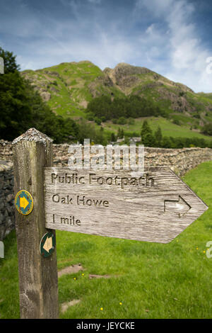 Regno Unito, Cumbria, grande Langdale, Dungeon Ghyll, legno sentiero pubblico segno al rovere Howe Foto Stock