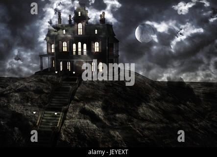 Haunted Mansion spettrale sulla sommità della collina in una notte di luna piena e nuvole basse. Il rendering 3D Foto Stock