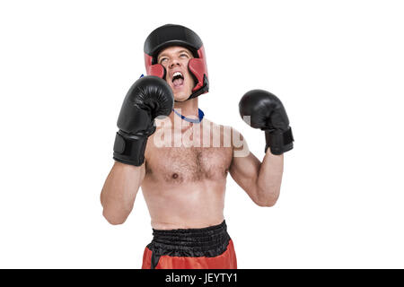 Boxer che indossa la medaglia di eseguire la presa di posizione di inscatolamento Foto Stock