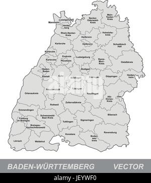 Mappa dell'isola di BADEN-WUERTTEMBERG con bordi in grigio Illustrazione Vettoriale