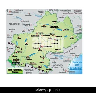 Mappa di midi-pyrnes come una mappa panoramica in verde pastello Illustrazione Vettoriale