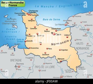 Mappa della Bassa Normandia come una mappa panoramica in pastelorange Illustrazione Vettoriale