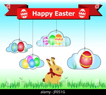 Pasqua, illustrazione, bunny, coniglietti, uova, nuvole, vettore, prato, erba, Illustrazione Vettoriale