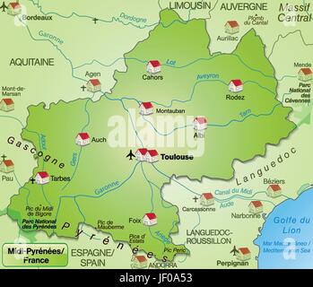 Mappa di midi-pyrnes come una mappa panoramica in internet verde Illustrazione Vettoriale