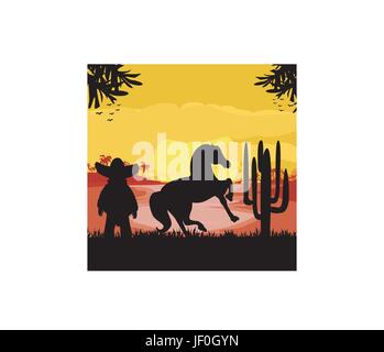 Uomo in un sombrero e il suo cavallo nel deserto tramonto Illustrazione Vettoriale