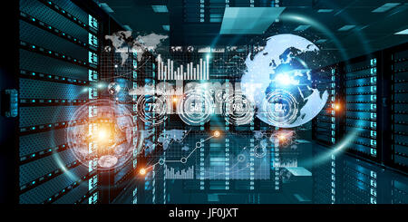 Moderno grafico digitale ologrammi volando sopra la sala server del centro dati 3D rendering Foto Stock
