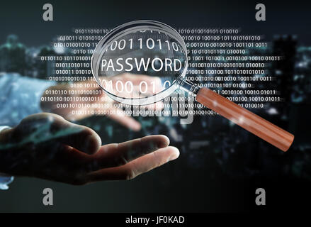 Hacker su sfondo sfocato tramite digital lente di ingrandimento per trovare la password il rendering 3D Foto Stock