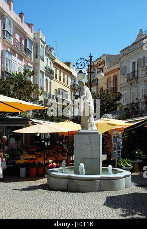 Fontana in marmo nella Plaza de las Flores con bancarelle di fiori verso la parte posteriore, Cadice, la provincia di Cadiz Cadice, Andalusia, Spagna, Europa occidentale. Foto Stock