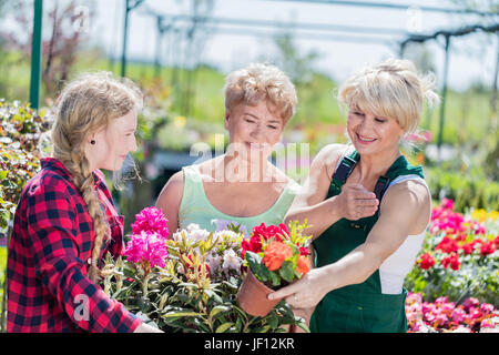 Nonna e nipote la scelta di vasi di fiori con assistenza di esperto giardiniere in un centro di giardinaggio. Foto Stock