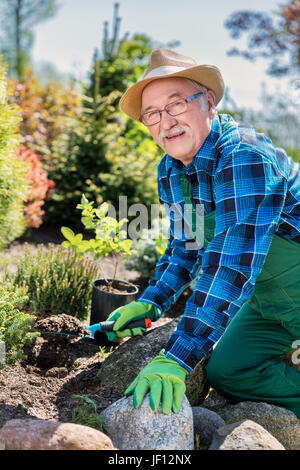 Senior giardiniere scavando in un giardino. Preparare il terreno per un nuovo impianto. Concetto di giardinaggio. Foto Stock