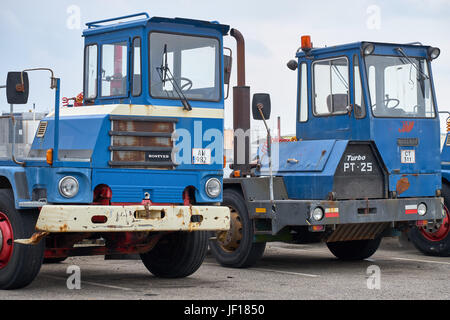 AARHUS, Danimarca - 05 giugno 2016: Close up di un paio di blu contenitore specializzato e carrelli di carico sul porto di Århus Foto Stock