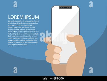 Illustrazione Vettoriale della mano che tiene la mascherina-free / Cornice moderna smartphone. Segnaposto per il design personale sullo schermo. Isolare il backgroun scuro Illustrazione Vettoriale