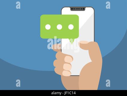 Illustrazione Vettoriale della mano che tiene la mascherina-free / Cornice moderna smartphone con l'icona chat a simboleggiare il mobile in chat e conversazioni Illustrazione Vettoriale