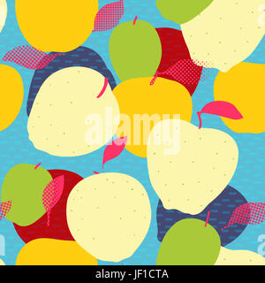 Apple frutti seamless pattern. Rosso, verde e mela golden con foglie su grungy sfondo. Alla moda illustrazione piatta Foto Stock