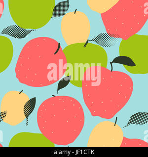 Apple frutti seamless pattern. Rosso, verde e mela golden con foglie su grungy sfondo. Alla moda illustrazione piatta Foto Stock