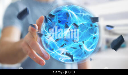 Imprenditore creando un esplosione di alimentazione blu palla con la mano il rendering 3D Foto Stock