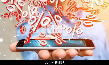 Imprenditore su sfondo sfocato utilizzando il bianco e il rosso vendite battenti icone 3D rendering Foto Stock