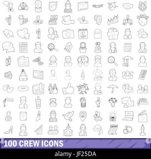 Equipaggio di 100 set di icone di stile di contorno Illustrazione Vettoriale